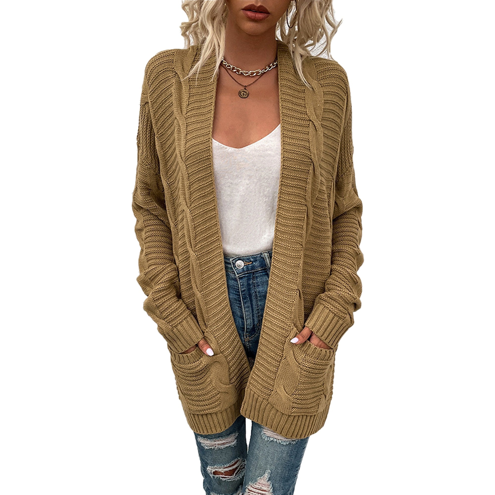 VOIANLIMO New Fashion Casual Cardigan Cotton Comfortable V Neck Sweater Women s Mid Length Long Sleeved Twist Rope Cardigan Top Warm Pocket Design Walmart