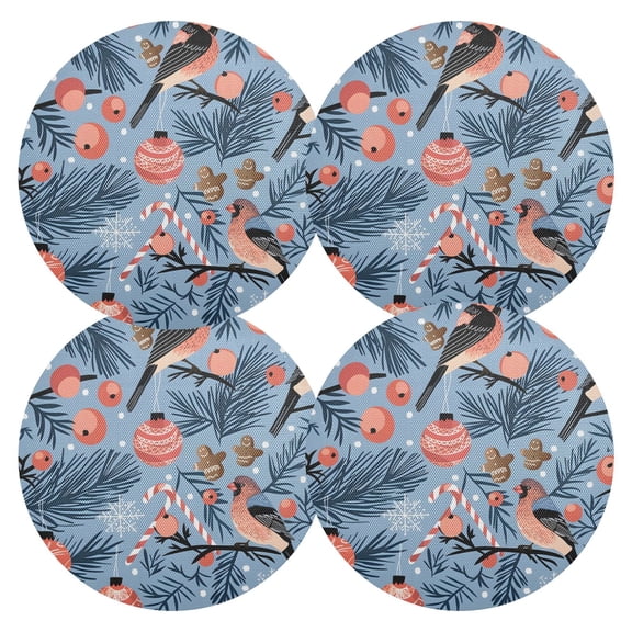 Ryvnso Birds and Christmas Candy Round Plate Mats Dining Table Placemat Set of 4 for Holiday Decoration