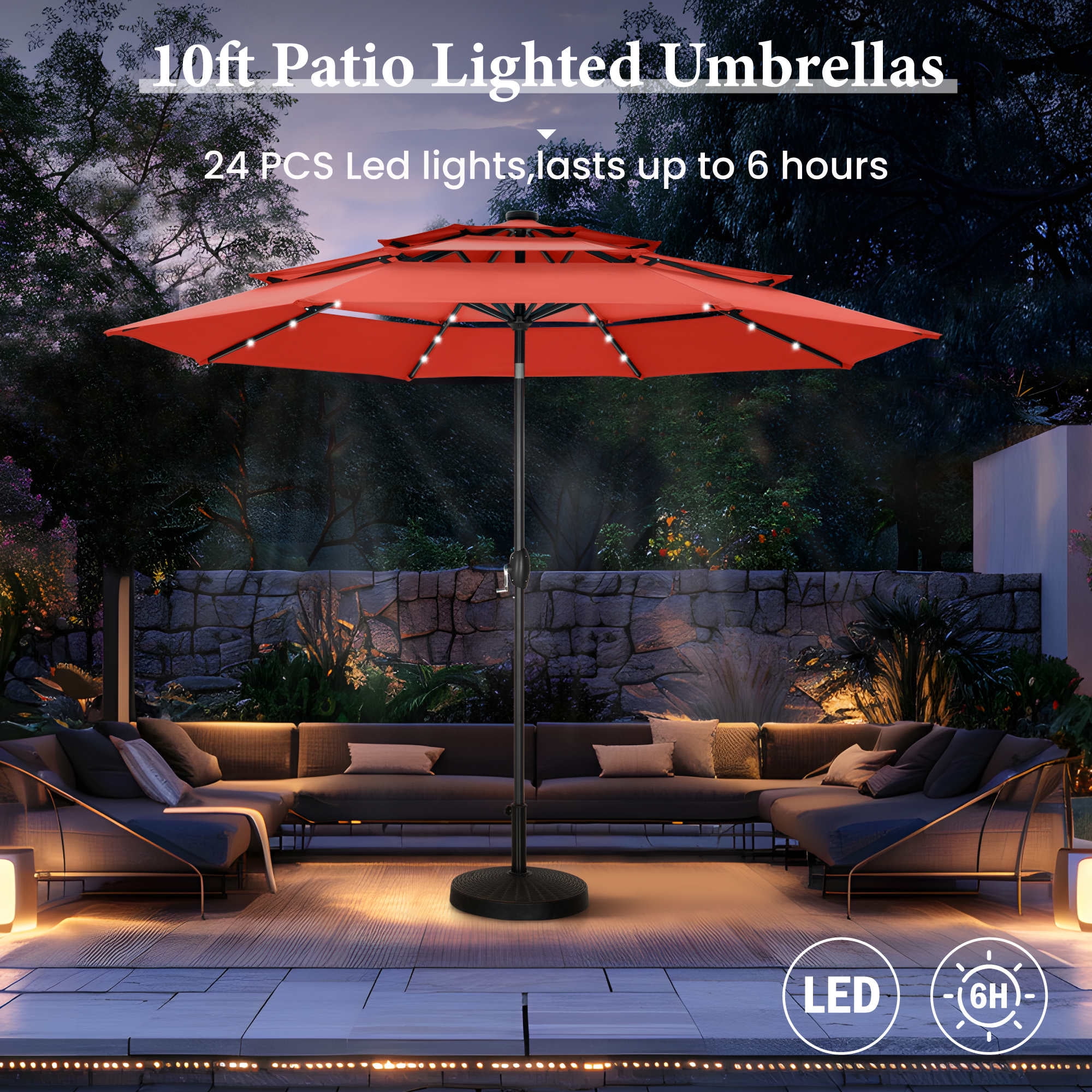 Summit Living 10ft Patio Umbrella with Solar Lights 3-Tier Vented Outdoor Market Umbrella with Auto-Tilt – Orange Red