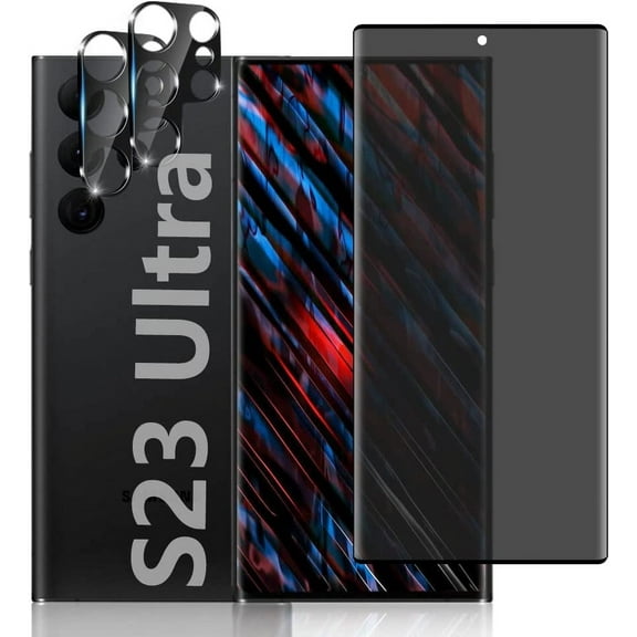 [1 2 Pack] Privacy Screen Protector and Camera Lens Protector for Samsung Galaxy S23 Ultra 6.8 Inch Tempered Glass Saver, Full Coverage, 9H Hardness HD Anti-spy, Fingerprint unlock, Compatible Cases