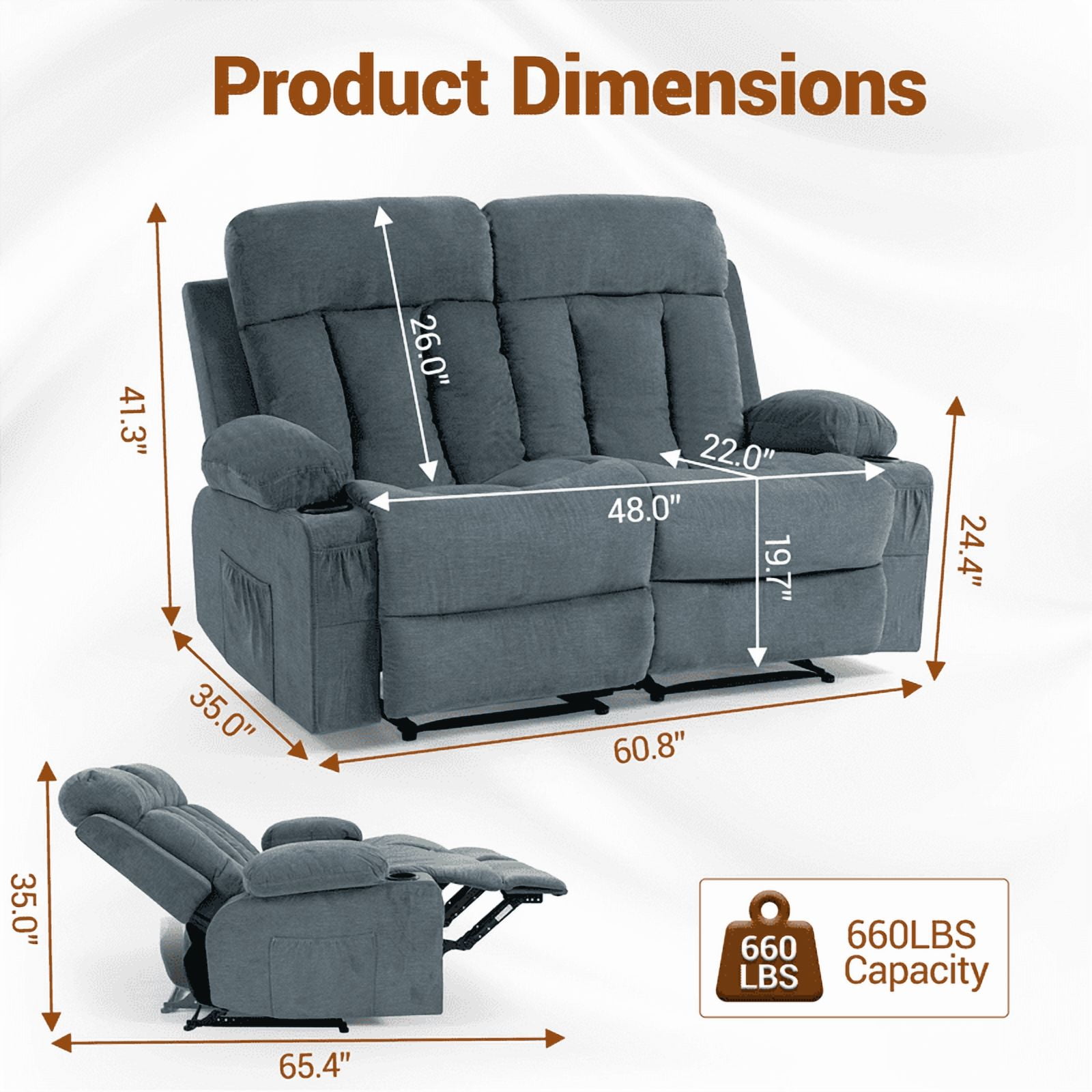 WENTUM Loveseat Recliner Sofa with Cup Holders, 2 Seat Manual Recliner Chair, reclining loveseat couch for Living Room, Home Theater, Small Spaces, Blue