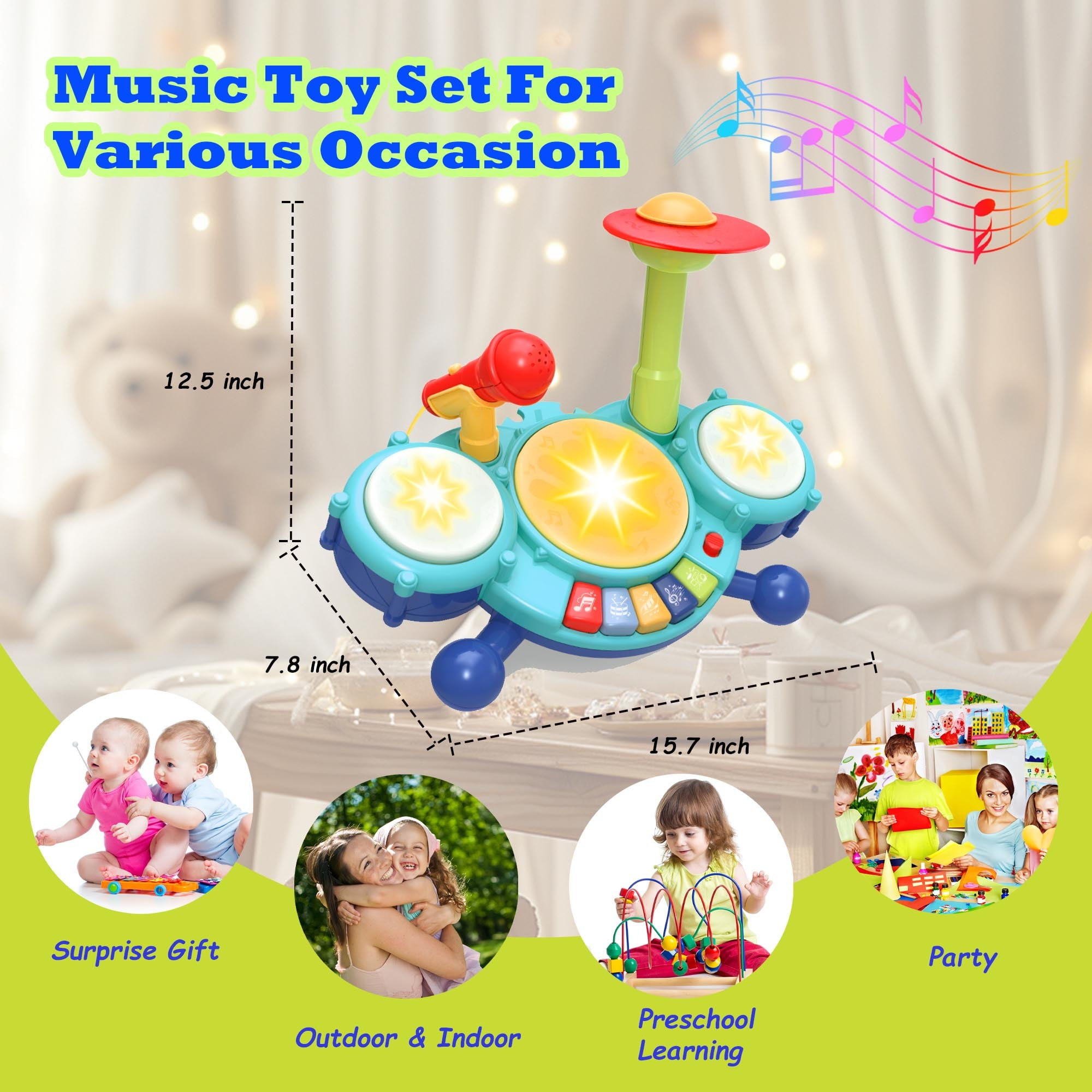 Contixo Kids Drum Set with Lights and Sounds, 5 Playback Modes Musical Instrument for Ages 2 to 5, Blue