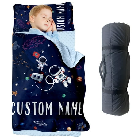 Personalized Toddler Nap Mats for Preschool Custom Name Navy Space Pattern Kids Sleeping Bag for Daycare Roll Up Sleeping Mat with Removable Pillow and Soft Dot Minky Blanke for Boys Camping Travel