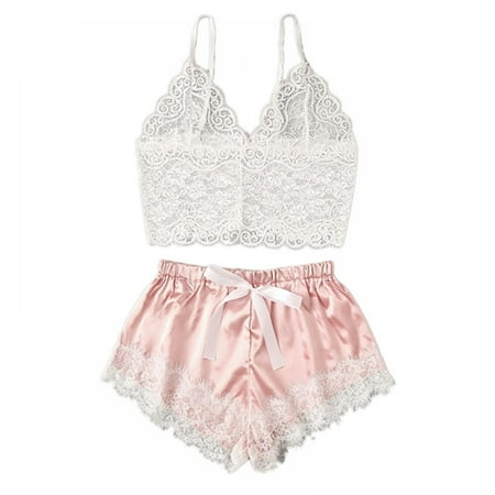 

Women s Pajamas Lace Underwear Satin Shorts Sleepwear Suspenders Plus Size S-2XL Purplish Pink