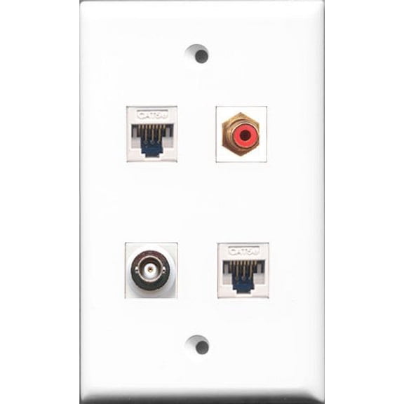 RiteAV 1 Port RCA Red and 1 Port BNC 2 Port Cat5e Ethernet White Wall Plate