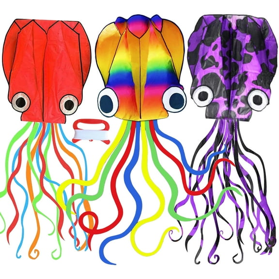 Rirool 3-Pack Giant Octopus Kites - 158" Long Tail Easy Fly Kites for Adults & Kids, 3 Colors with 100M String (Red & Multicolor & PurpleDot)