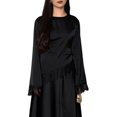thumbnail image 3 of Women's Crew Neck Satin Long Sleeve Lace Trim Irregular Hem Blouse Black S, 3 of 8
