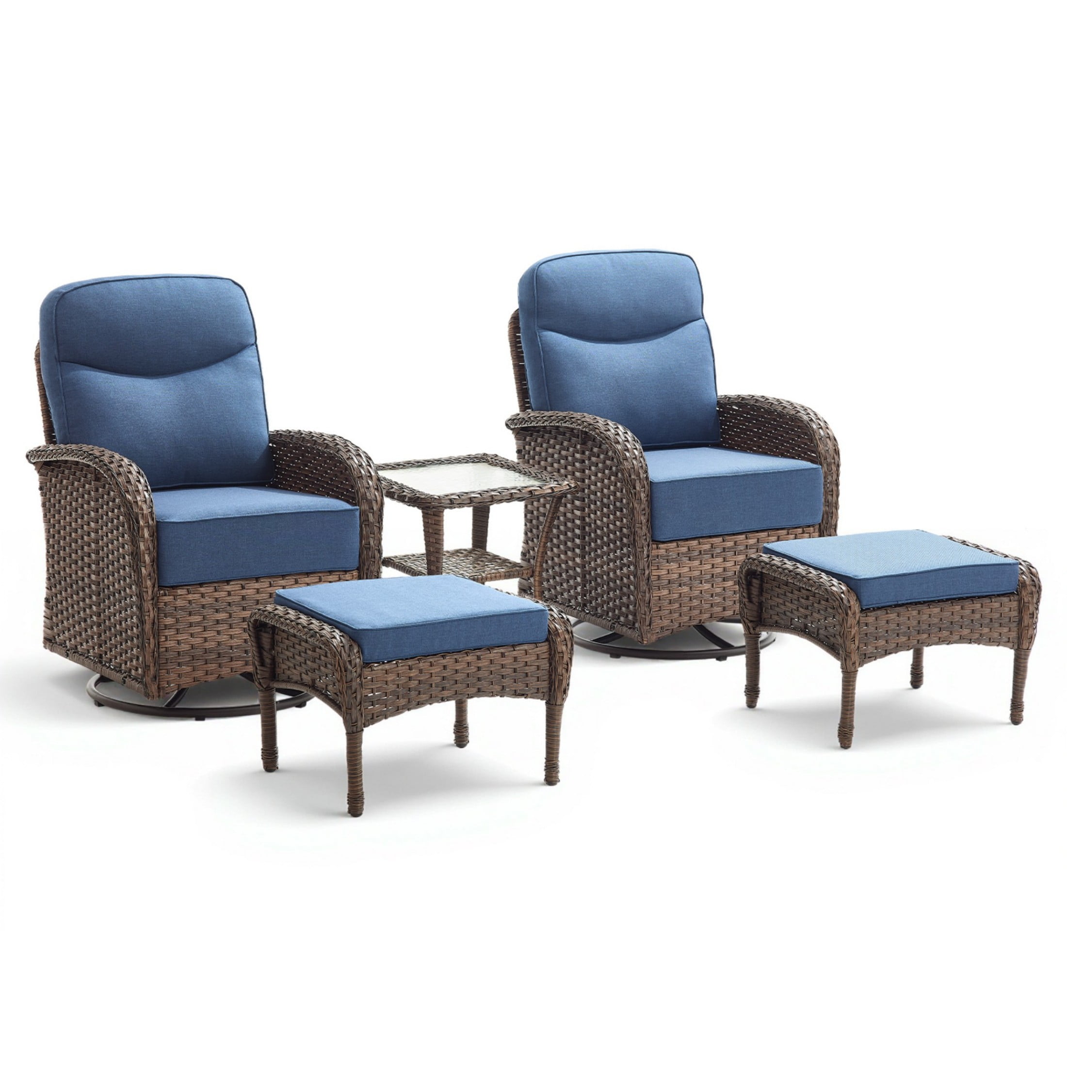 Unnifurnzi Outdoor Swivel Rocker Patio Chairs-6'' Thick Cushions Outdoor Rocking Chairs with Outdoor Ottoman Small Patio Furniture Set for Deck Porch Garden Balcony Poolside-Brown/Blue