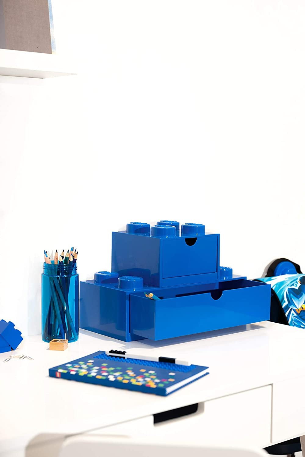 Room Copenhagen Lego Storage Brick 8 Desk Drawer, 8-Stud Stackable Tabletop Storage Box, 12.4 x 6.2 x 4.4 in, Bright Blue