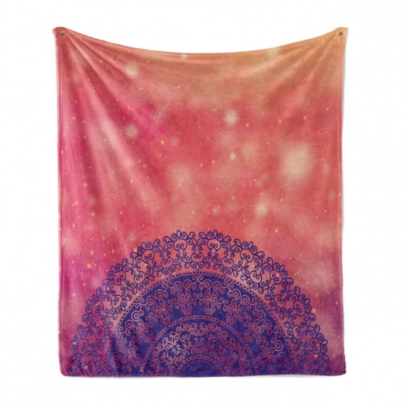 Mandala Soft Flannel Fleece Throw Blanket, Universe Motif on Bokeh Background Folk Motif, Cozy Plush for Indoor and Outdoor Use, 60" x 80", Dark Coral Purple Indigo, by Ambesonne