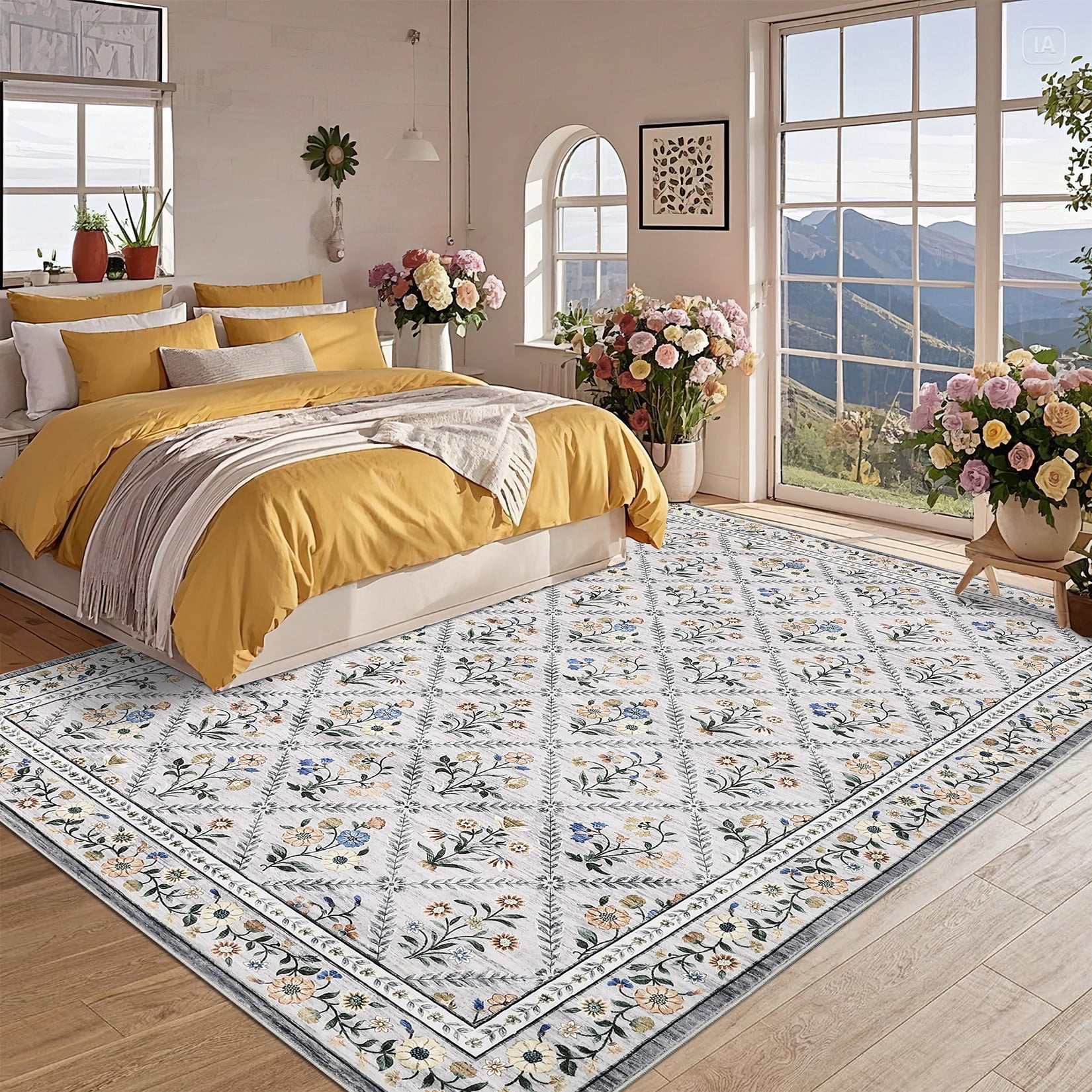 Senfot 10x13 Floral Print Area Rug Machine Washable Non-Slip Stain Resistant Low Pile Bordered Farmhouse Rug for Living Room Bedroom Home Office Gray