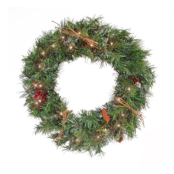 National Tree Company Pre-Lit Artificial Christmas Wreath, Green, Glistening Pine, Red Berries, Twigs, Pine Cones, 50 Warm White Battery Operated LED Lights, Timer, 24 Inch