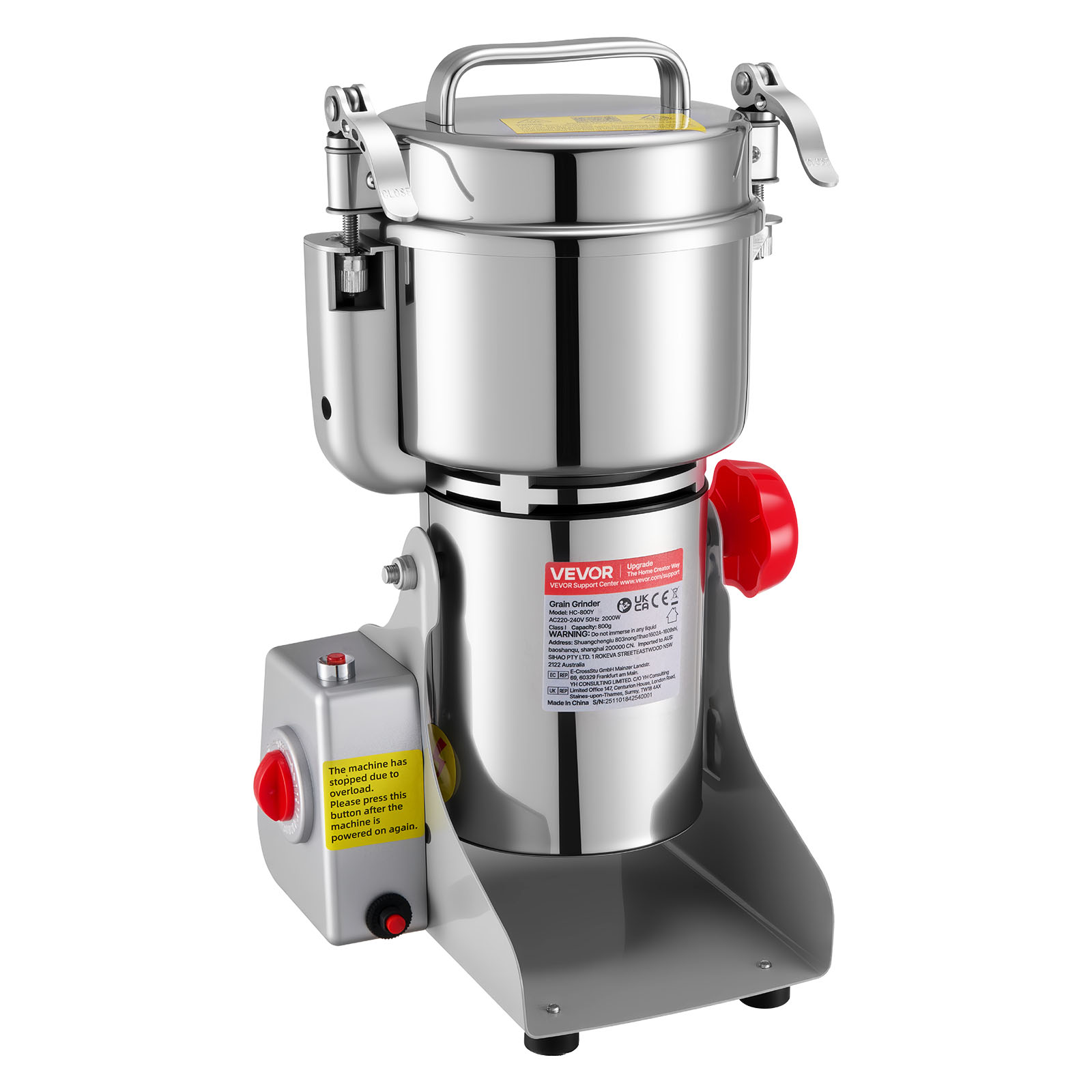 VEVOR Electric Grain Mill Grinder, 1.8 lbs Commercial Spice Grinders, High Speed 2100W Stainless Steel Pulverizer Powder Machine, for Dry Grains, Spices, Cereals, Coffee, Corn & Pepper, Swing Type