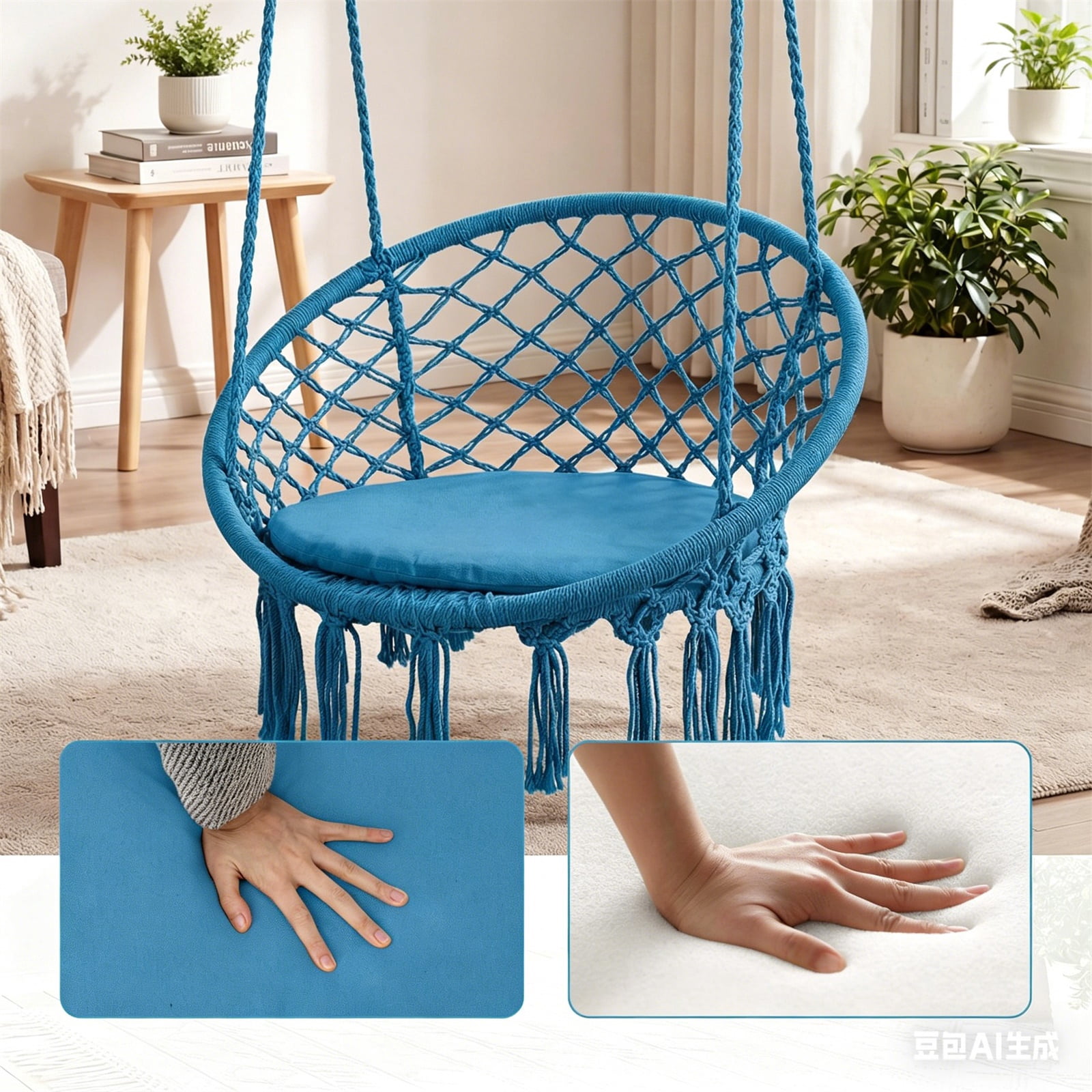 Hommoo Macrame Swing Chair Hammock Chair with Round Cushion Seat, Handmade Knitted Relax Hanging Cotton Rope Chair for Home, Blue