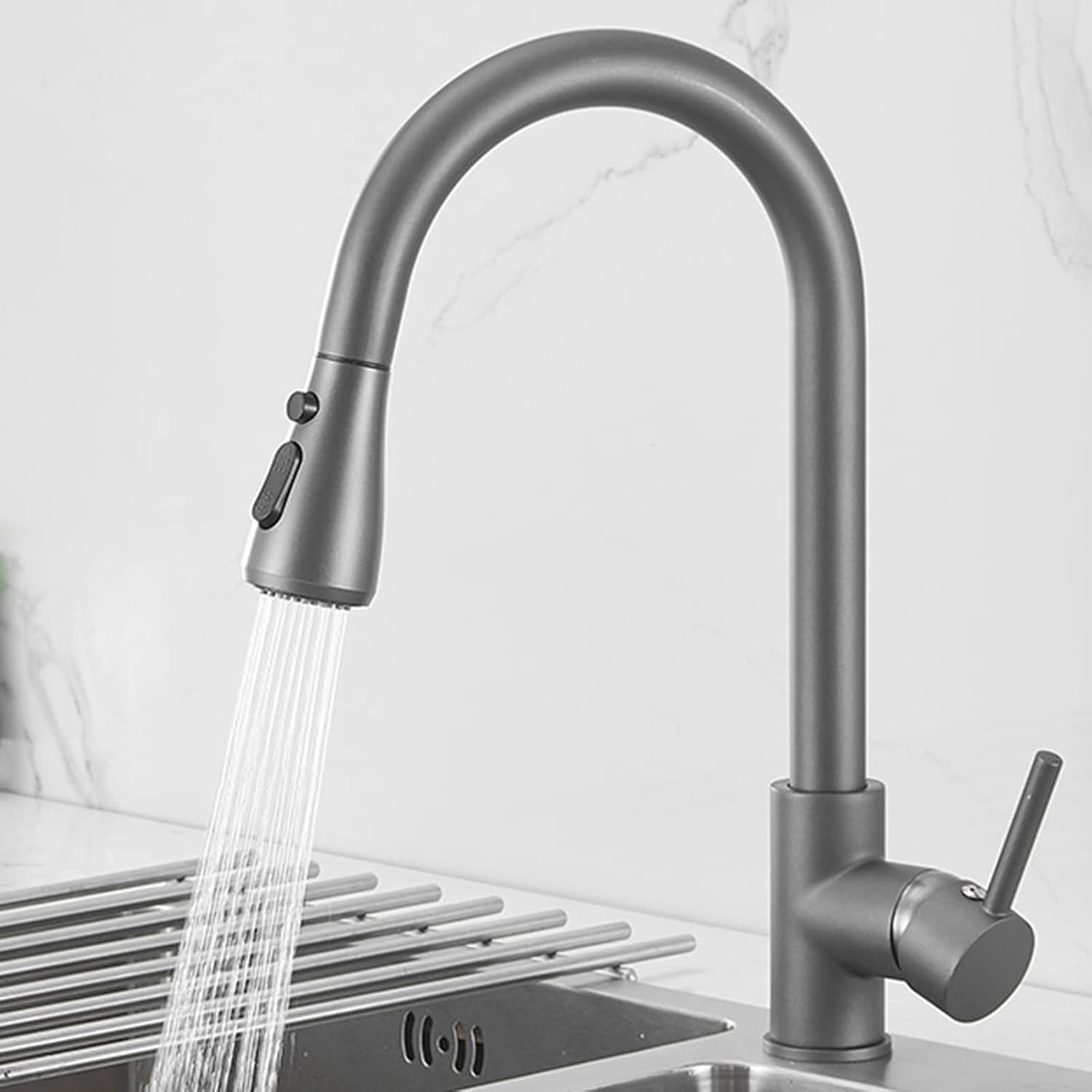 Kitchen Faucet with Pull Out Spray, Kitchen Sink Mixer Faucet Gray Sink Faucet Brass Hot Water and Cold Water Swivel Retractable Faucet