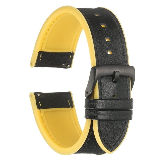 Uxcell Genuine Leather Watch Bands 24mm Width Soft Quick Release Watch Bands with Silicone Waterproof Lining, Black Yellow