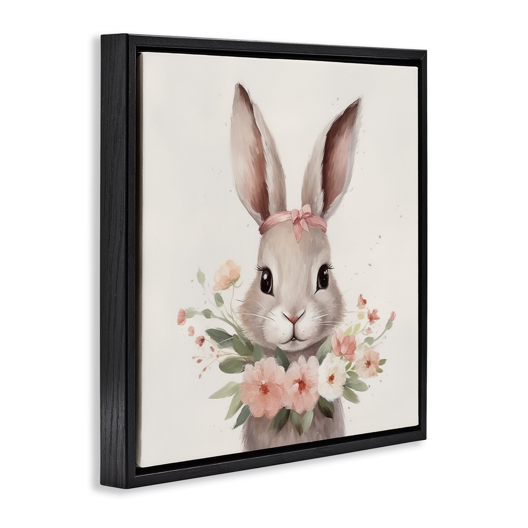 Stupell Industries Charming Bunny in Floral Wreath Black Framed Floater Canvas Wall Art, design by Lazar Studio