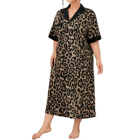

Casual Leopard Print Lapel Sleepshirts Elbow-Length Multicolor Plus Size Nightgowns & Sleepshirts (Women s)
