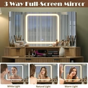 48'' Modern Vanity Desk with HD Triple Mirror & Lights, Large Corner Vanity Table with Glass Top, Charging Station, Large 6 Drawers Makeup Table, for Bedroom or Dorm, Oak