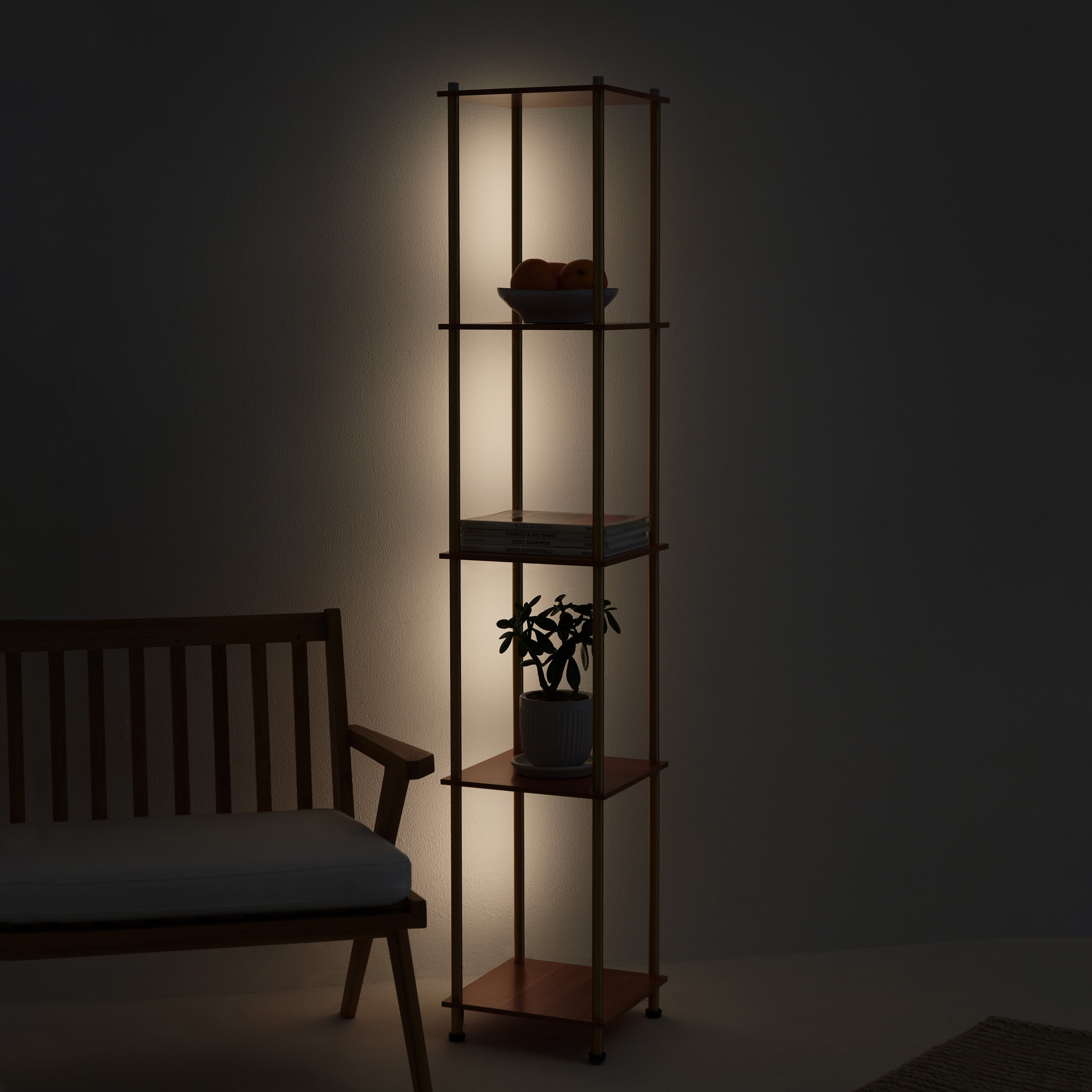 Brightech Aria Metal Shelf Floor Lamp with Wireless Charging Station– Narrow Free Standing Nightstand LED Lamp – Column Tower Stand Up Lighting for Living Rooms & Bedrooms – Gold/Brass