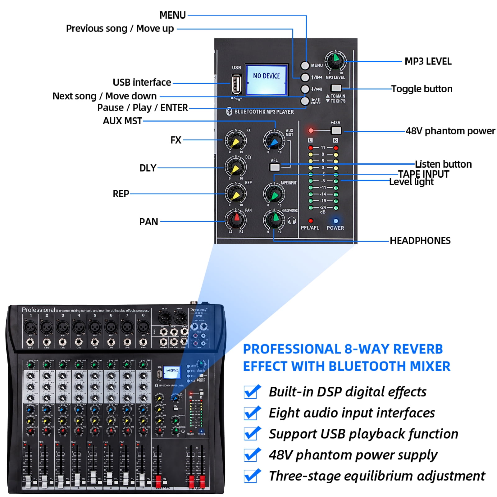 Depusheng DT8 Professional Audio Mixer 8 Channel Mixing Console with USB Computer MP3 Input 48V Phantom Power Stereo DJ Studio FX Steel Chassis