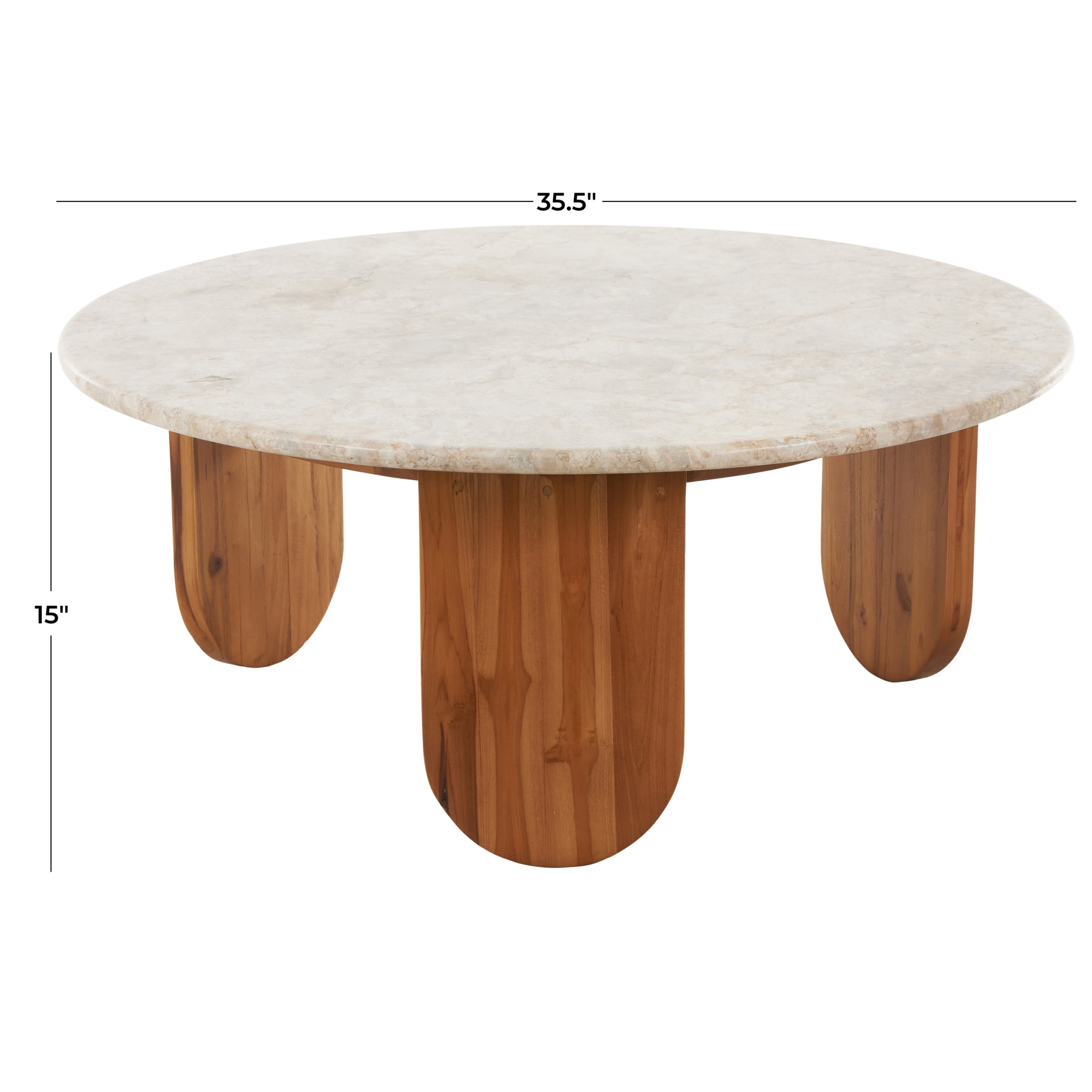 DecMode 36" x 15" Brown Teak Wood Handmade Coffee Table with Beige Marble Tabletop, 1-Piece