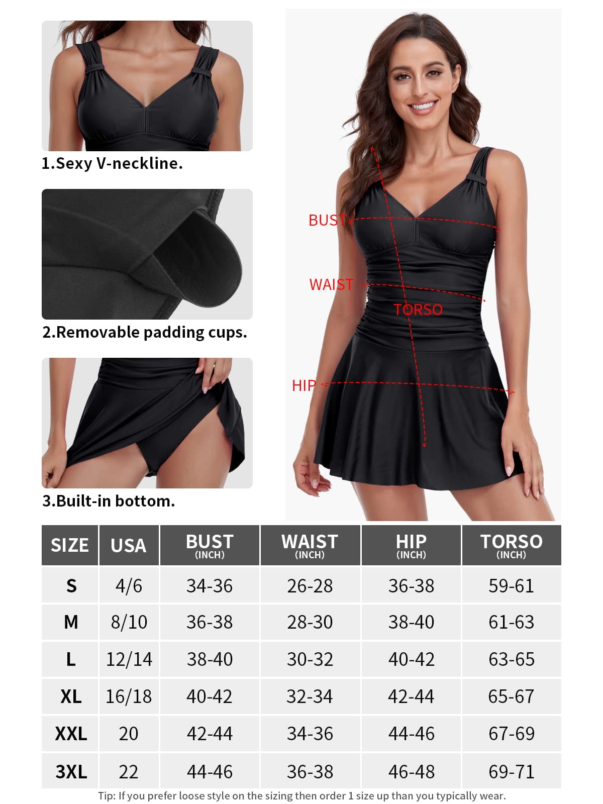 RELLECIGA Women's Front Ruched V Neck One Piece Skirt Vintage swim dress Retro One Piece Swimsuit Tummy Control One piece Swim Dresses Black Bathing Suit