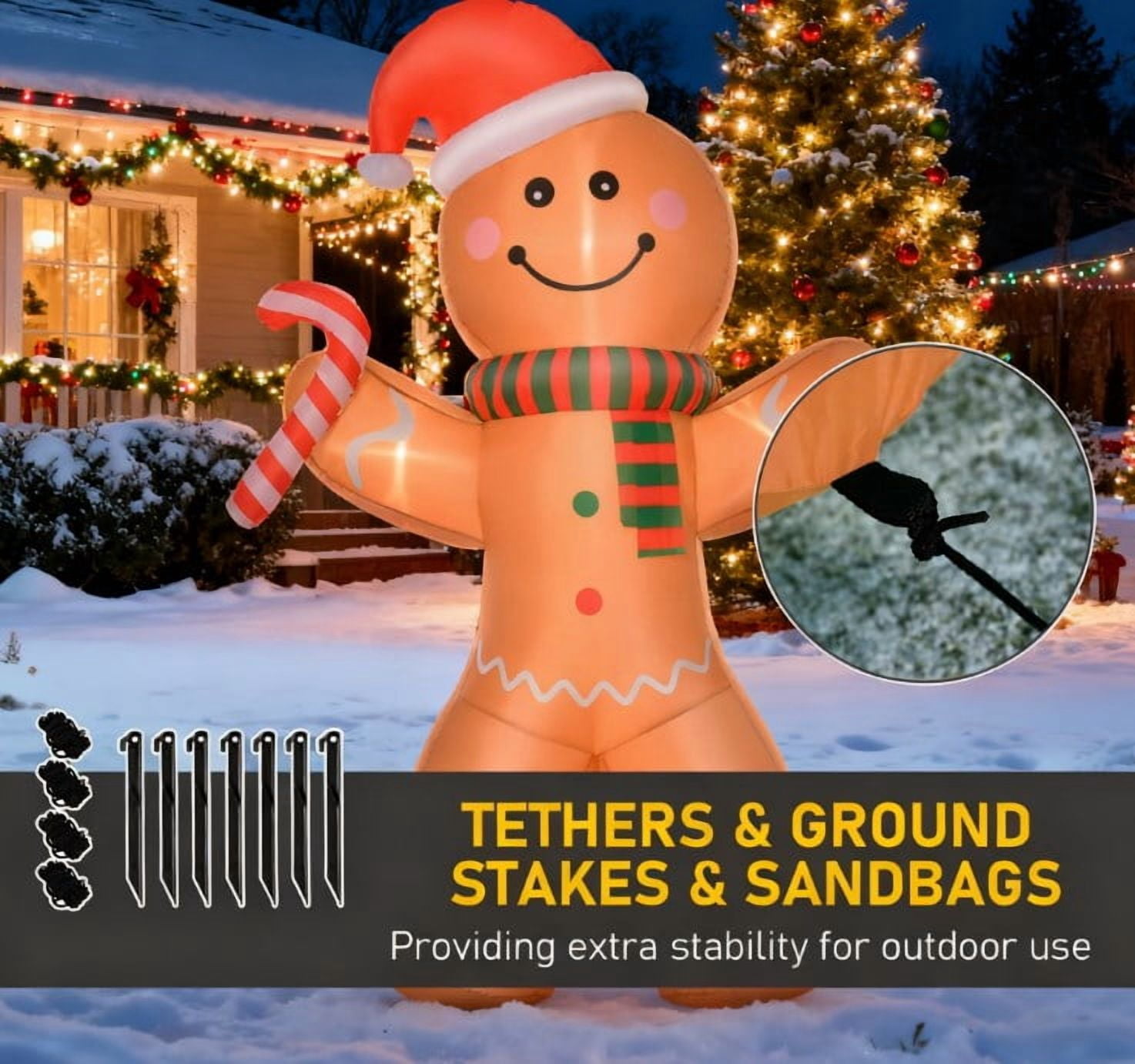 8ft Inflatable Gingerbread Man with Candy Bar LED Lights IP44 Waterproof Outdoor Yard Christmas Decoration