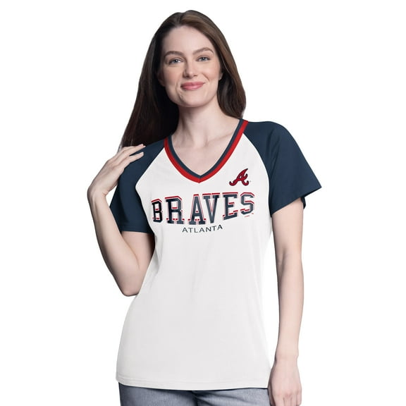 Women's-G-III 4Her by Carl Banks  White/Navy Atlanta Braves Ball Park Raglan V-Neck T-Shirt