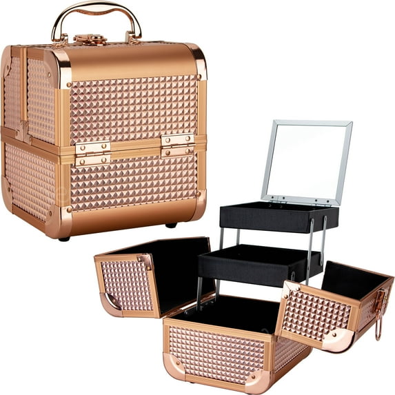 Ver Beauty Professional Train Makeup Case, Makeup Artist Case with Extendable Trays, Glamorous Rose Gold Color-VK008