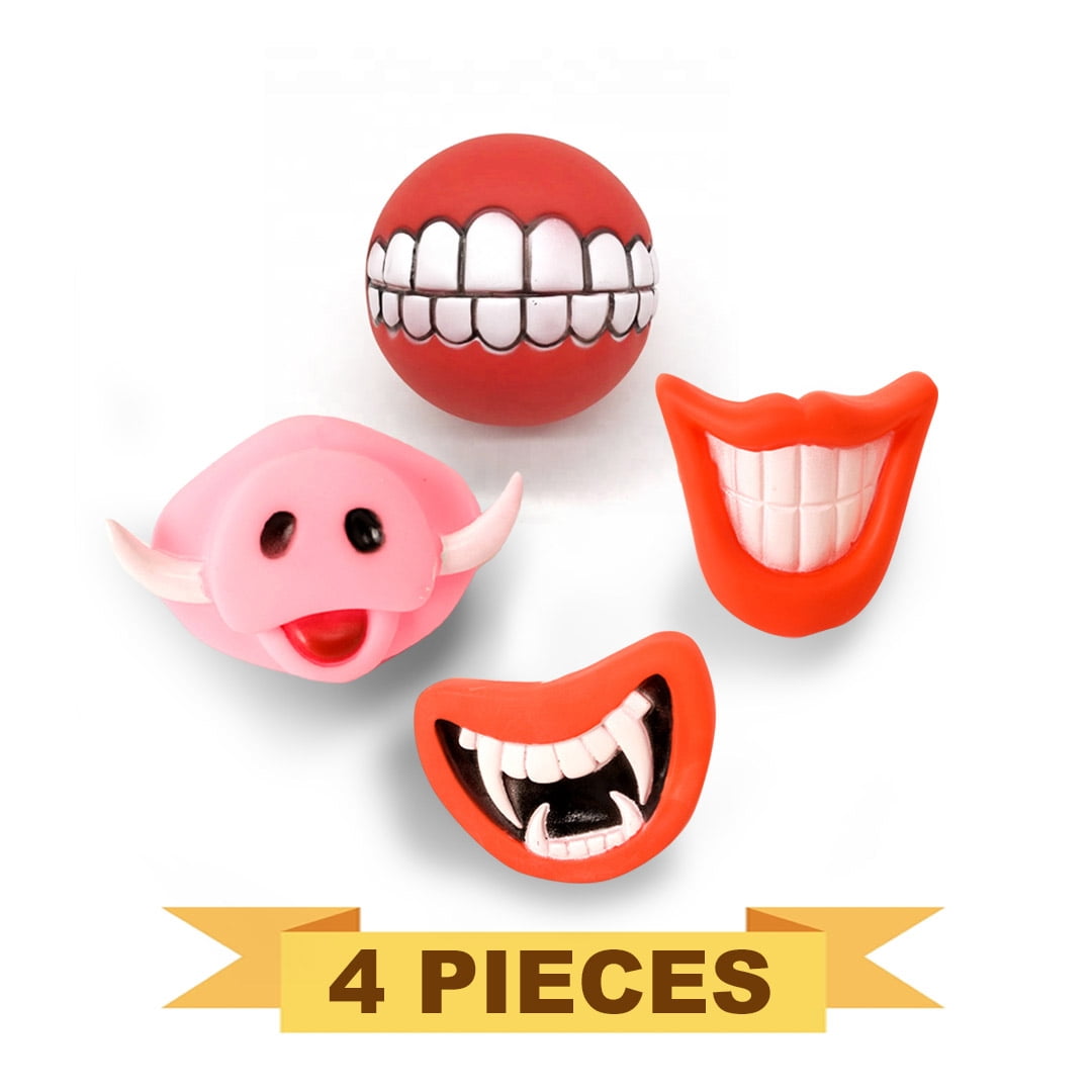 4 Pieces Funny Dog Toy Lips. 1 Big Red Lip, 1 Pig Nose Teeth, 1 Dracula Teeth and 1 Teeth Ball