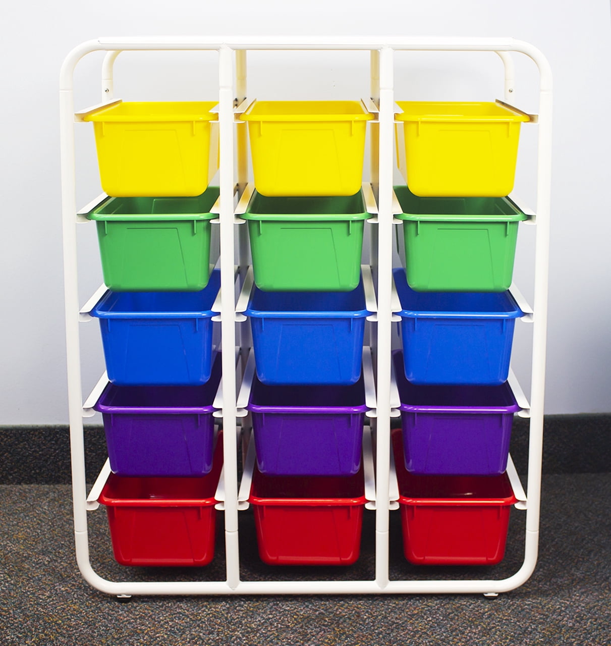 Storex Metal Storage Rack for Kids with 15 Plastic Cubby Bins, Assorted Colors