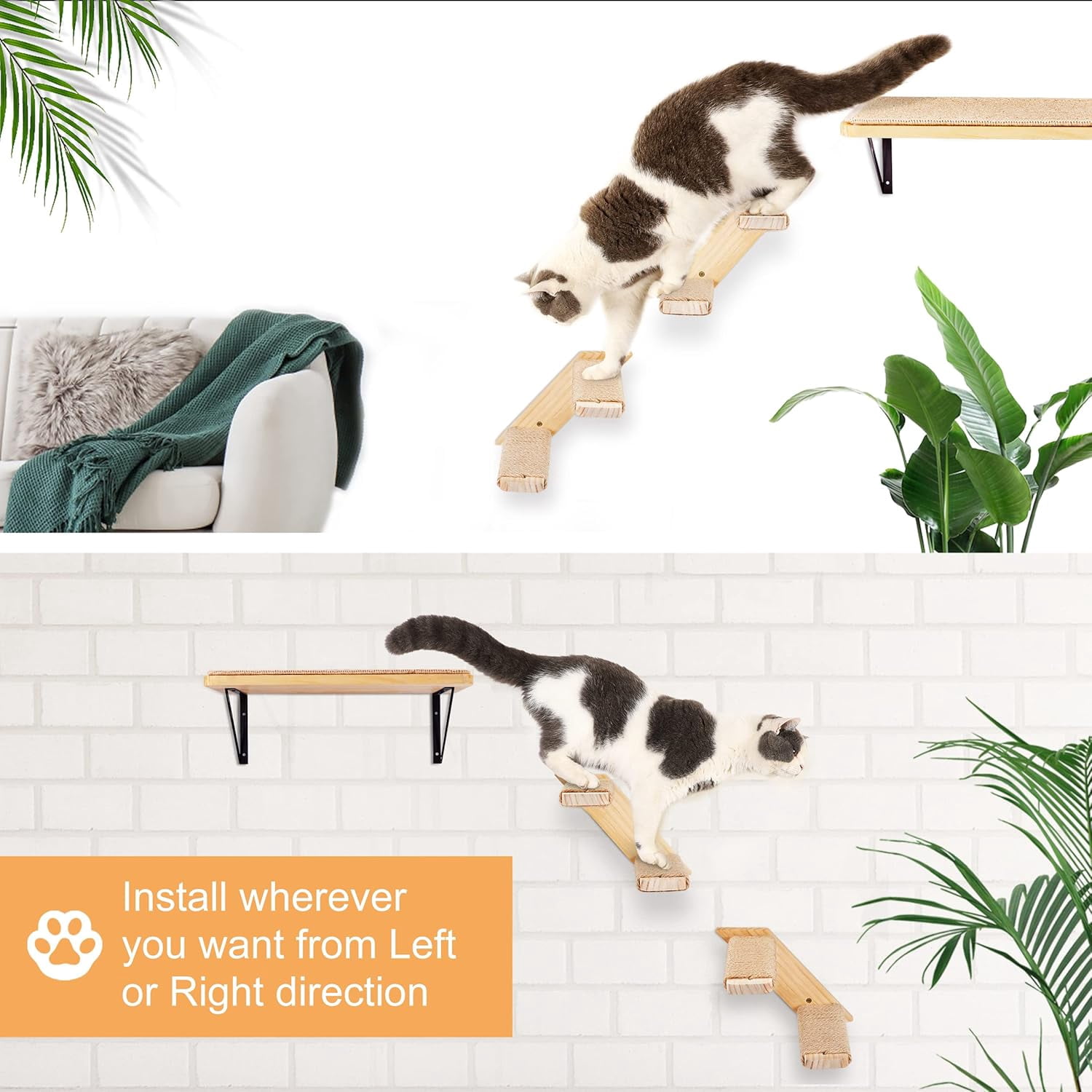 PELUOMOZ Wall Mounted Cat Ladder with Reversible Sisal Steps, Natural Wood Climbing Shelf