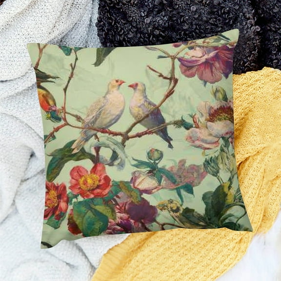 Creowell  Throw Pillows with Pillow Insert - Home Decor by Burcu Korkmazyurek - Decorative Accent Pillows for Couch or Bed, Floral and Birds VIII 18x18in