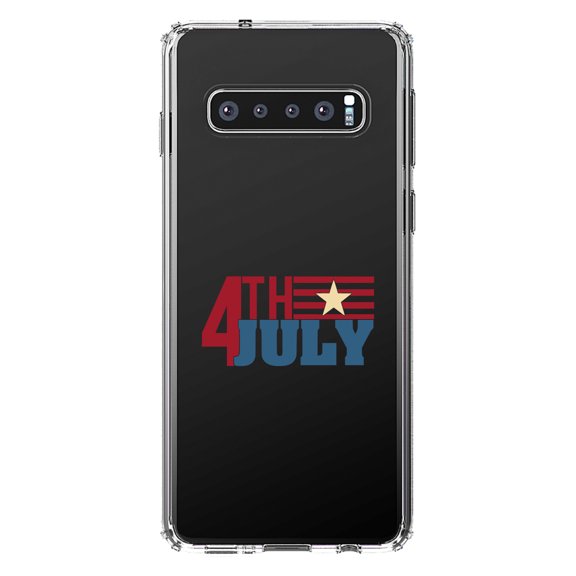 DistinctInk Clear Shockproof Hybrid Case for Samsung Galaxy S10 (6.1" Screen) - TPU Bumper Acrylic Back Tempered Glass Screen Protector - 4th of July Word Art USA Flag