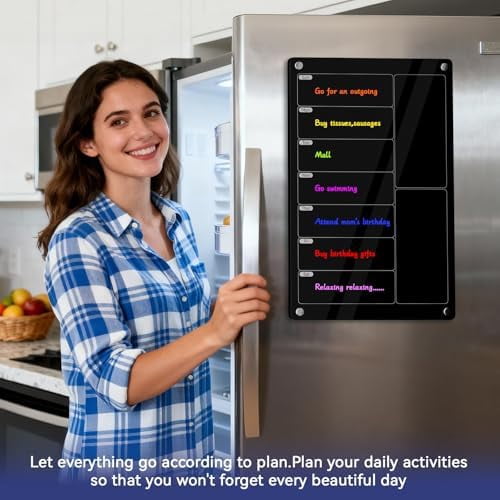 Acrylic Meal Planner Magnetic Menu Board for Kitchen Fridge,Magnetic Black Weekly Calendar Planner Board Refrigerator Dry Erase Board to Do Chore Chart,Grocery/Shopping List,12"x8"$$Office