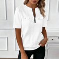 thumbnail image 2 of Rhuody Tops For Women Short Sleeve Solid Color Zip Front Crewneck Tee Simple Womens Clothes White, 2 of 4