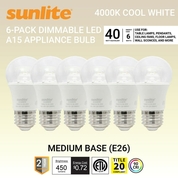 Sunlite LED A15 Appliance Clear Light Bulb, 6 Watts (40W Equivalent), Medium E26 Base, Dimmable, Clear, ETL Listed, 4000K Cool White, 6-Pack