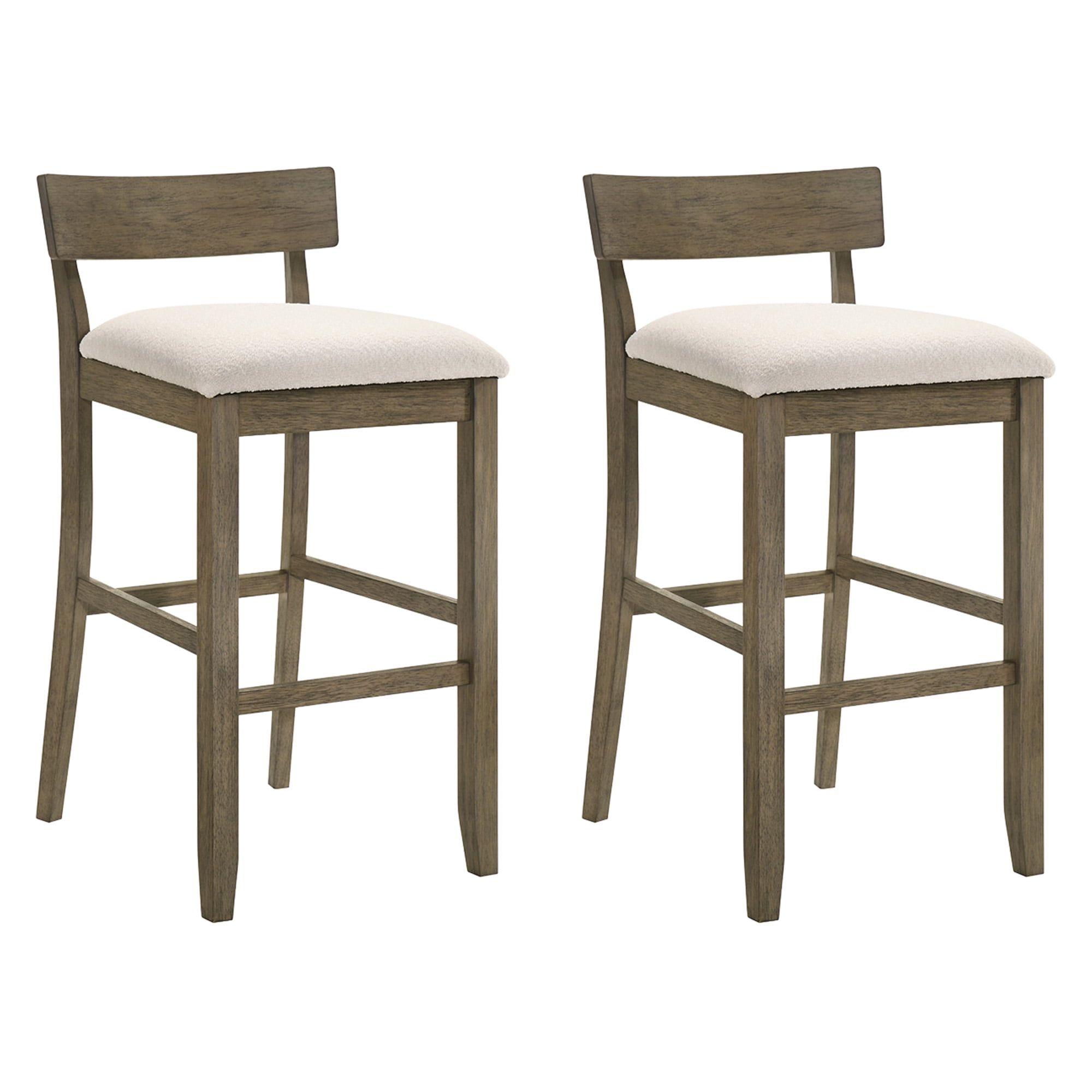 Merie Modern Transitional Wood Bar Height Kitchen Bar Stool in Putty Brown Finish with White Boucle Fabric Upholstered Seat - Set of 2