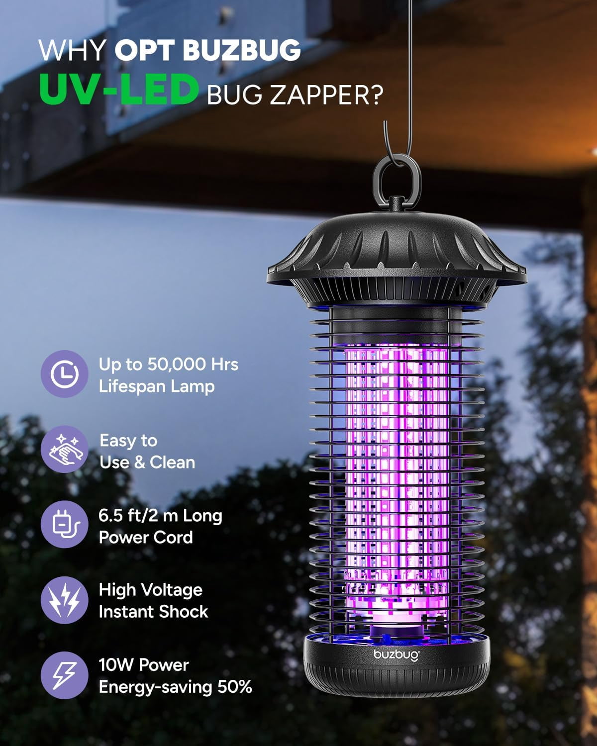 Buzbug LED Bug Zapper Indoor Outdoor, Up to 50000 Hrs Lifespan Lamp, Energy Saving & Dual Band Attraction, 5.6 ft Power Cord, High Voltage Mosquito Fly Zapper Trap Killer -MO008C