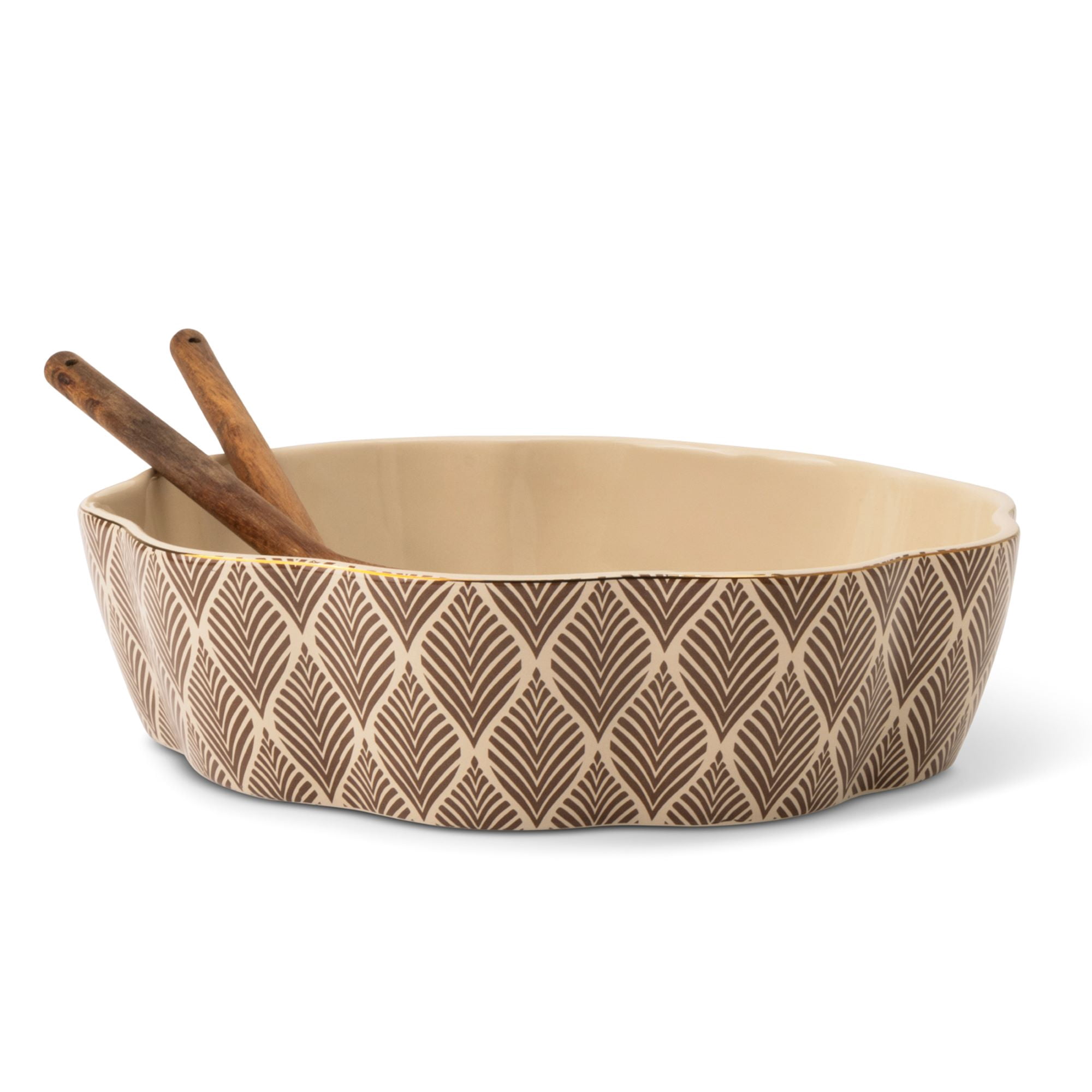 Thyme & Table 3-Piece Serving Bowl with Wooden Serving Spoon and Fork, Ocee Leaf