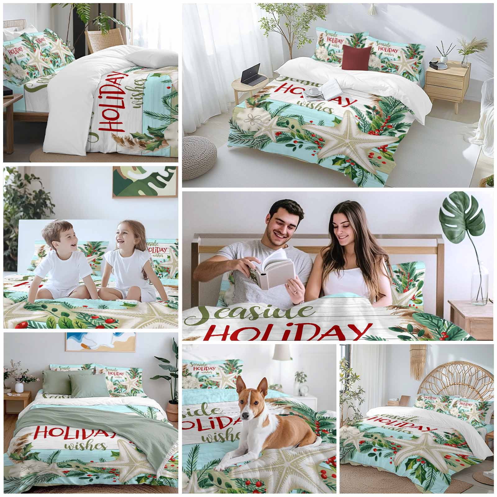 Seaside Holiday Wishes Bedding Duvet Cover Set King Size 4 Pieces Christmas Starfish Holly Wooden Grain Bedding Set with Zipper Closure, 1 Comforter Cover 92x106 Inches 1 Flat Sheet & 2 Pillow Cases