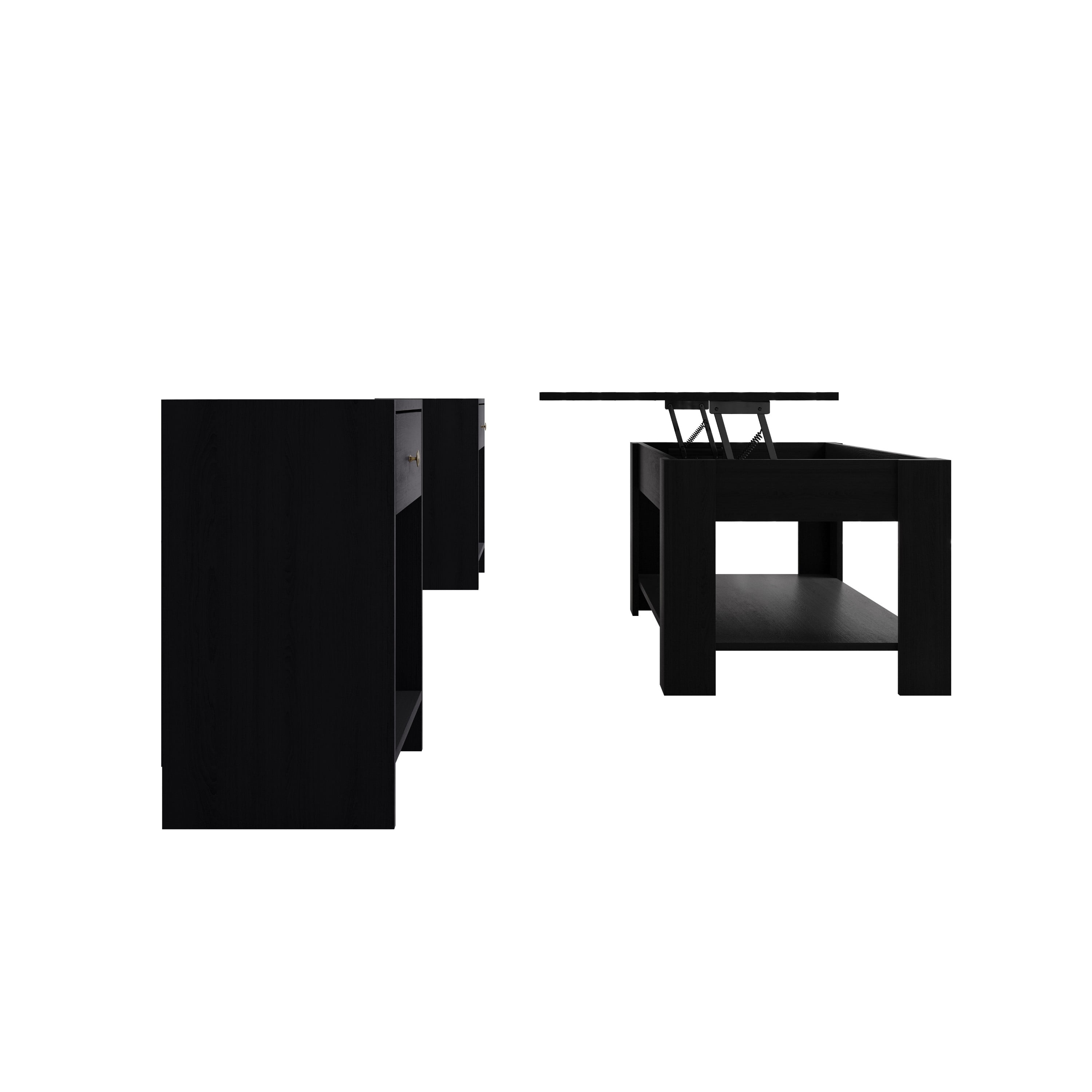 Home Design Magnolia 3-Piece Coffee Table Set with Lift-Up Rectangular Coffee Table and 2 End Tables, Hidden Storage and Modern Design for Living Room, Black