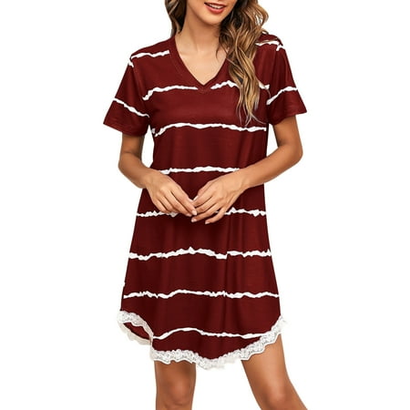 

MEGAWHEELS Stripe Casual Nightdress Loose Short-Sleeved Lace Pajamas
