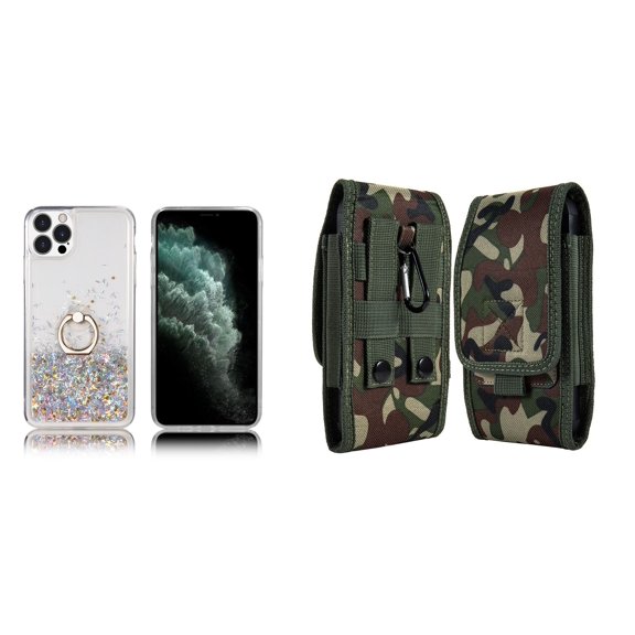 Waterfall Liquid Glitter Stand Case and Belt Holster Pouch for iPhone 14 Pro (Silver/Jungle)