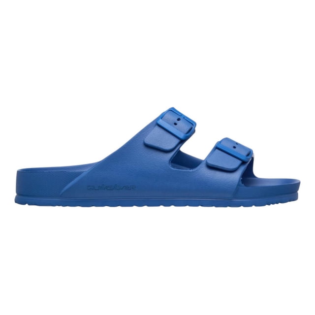 sandalias quiksilver embark azul slide ajustable azul 29 mx lateral derecha de sandalia azul con dos tiras ajustables y hebillas; parte superior sintética lisa, plantilla moldeada con copa de talón y contorno de arco y suela EVA texturizada para agarre; diseñadas para playa y uso diario y también aptas como calzado cómodo para descanso en casa.