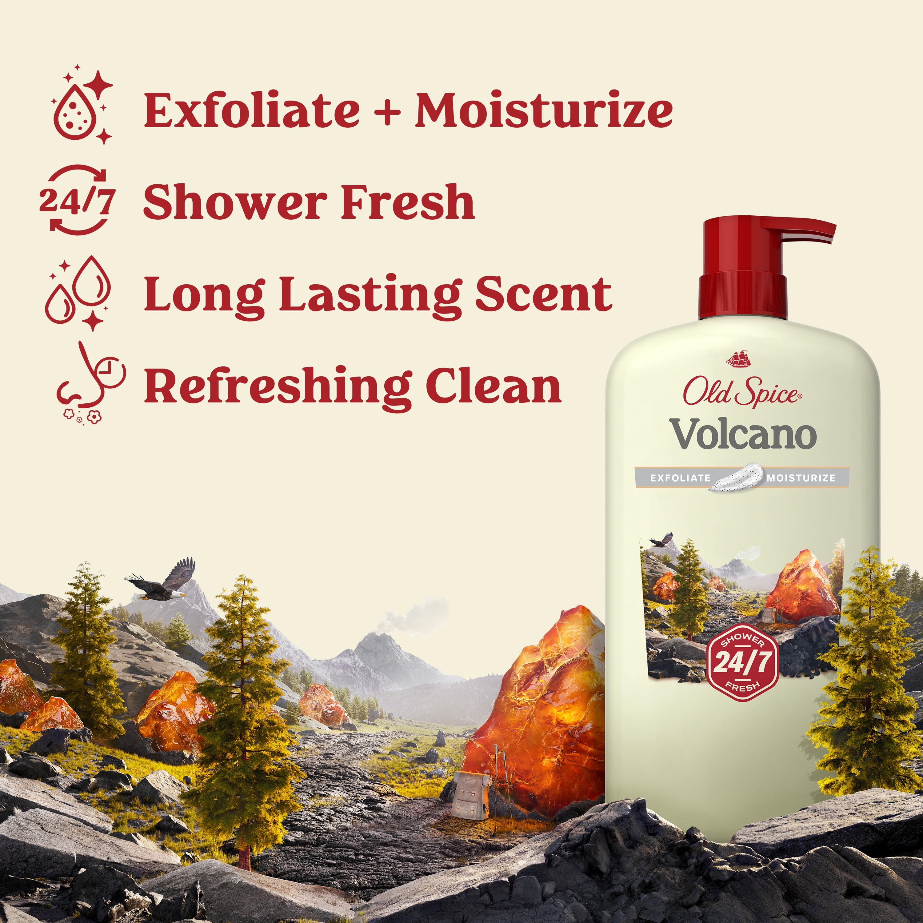 (3 pack) Old Spice Men's Body Wash for Men, Volcano Scent, 24/7 Shower Fresh, Exfoliation, 18 oz, 30oz