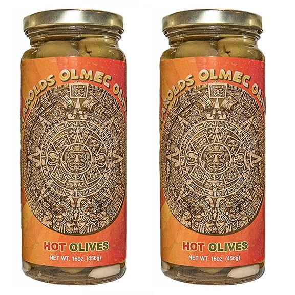 Harold's - OLMEC Spicy Olives - The Perfect Dirty Martini Olive - Packed with Fresh Garlic and Habanero - Made in Texas - 16 oz - 2 Pack