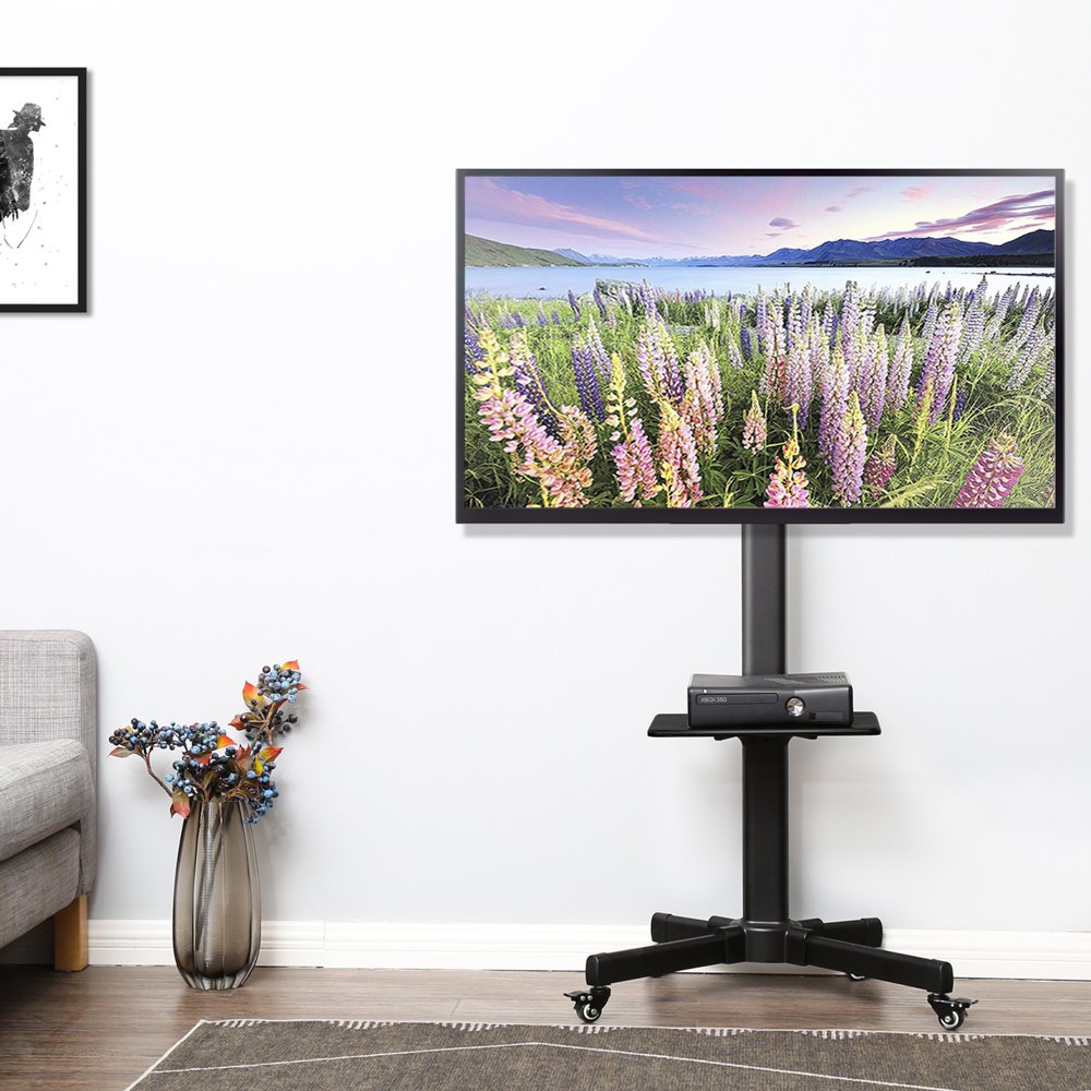 FITUEYES TV Stand with Wooden Laptop Shelf Rolling TV Cart for 27”55