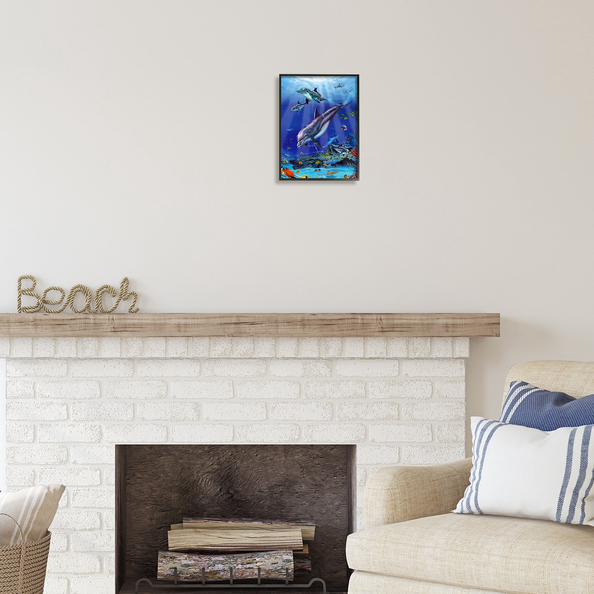 Stupell Industries Aquatic Dolphins & Fish Coastal Painting Black Framed Art Print Wall Art